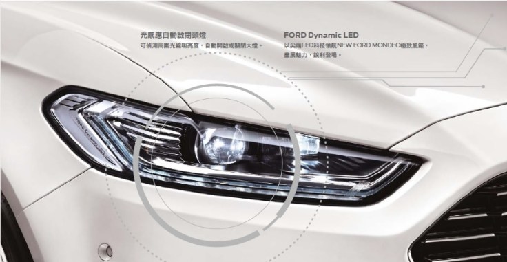 【圖六】Ford_Mondeo配備的主動式LED智慧頭燈整合了自動遠光燈(Automatic_High_Beams,_AHB)及頭燈主動式轉向照...